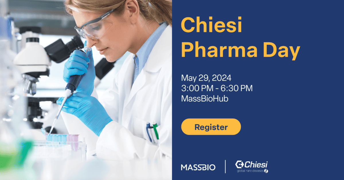 A photo of a woman working a lab with the text Chiesi Pharma Day, May 29, 2024, 3:00 PM - 6:30 PM, MassBioHub and a yellow Register button.