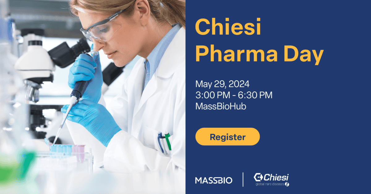 A woman with safety glasses and white lab coat using a pipette in a lab setting. Text on image includes Chiesi Pharma Day, May 29, 2024, 3:00 PM - 6:30 PM, MassBioHub. 