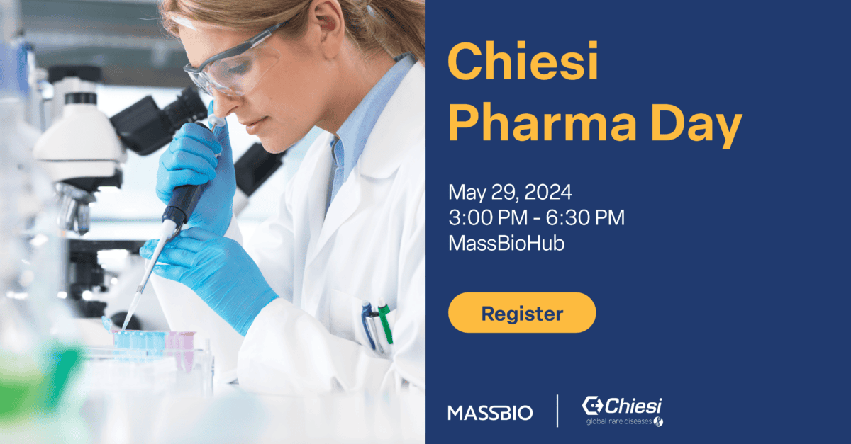 A woman with safety glasses and white lab coat using a pipette in a lab setting. Text on image includes Chiesi Pharma Day, May 29, 2024, 3:00 PM - 6:30 PM, MassBioHub.