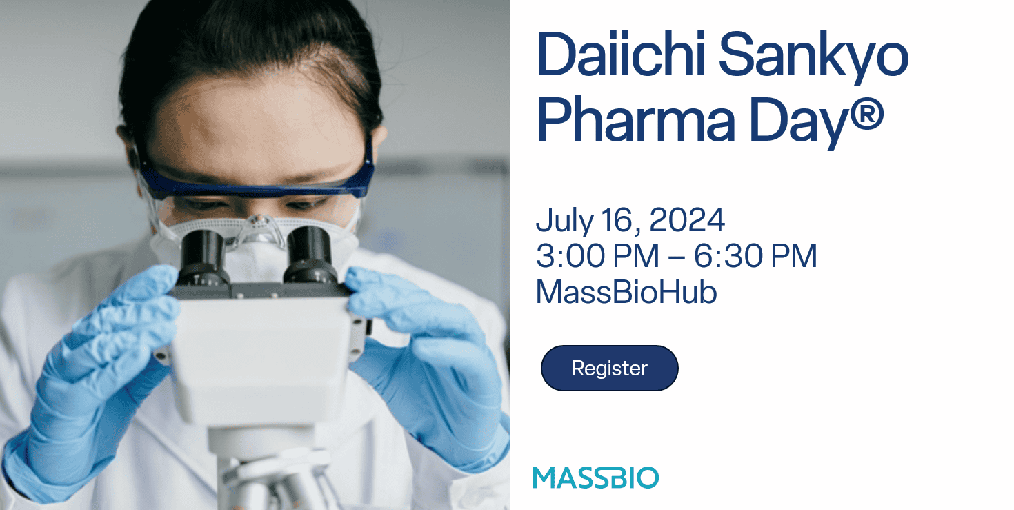 A graphic that features a female scientist with dark hair looking through a microscope while wearing blue latex gloves. The writing on the graphic states Daiichi Sankyo Pharma Day(R) July 16, 2024 3:00 PM- 6:30 PM MassBioHub and features the MassBio logo.