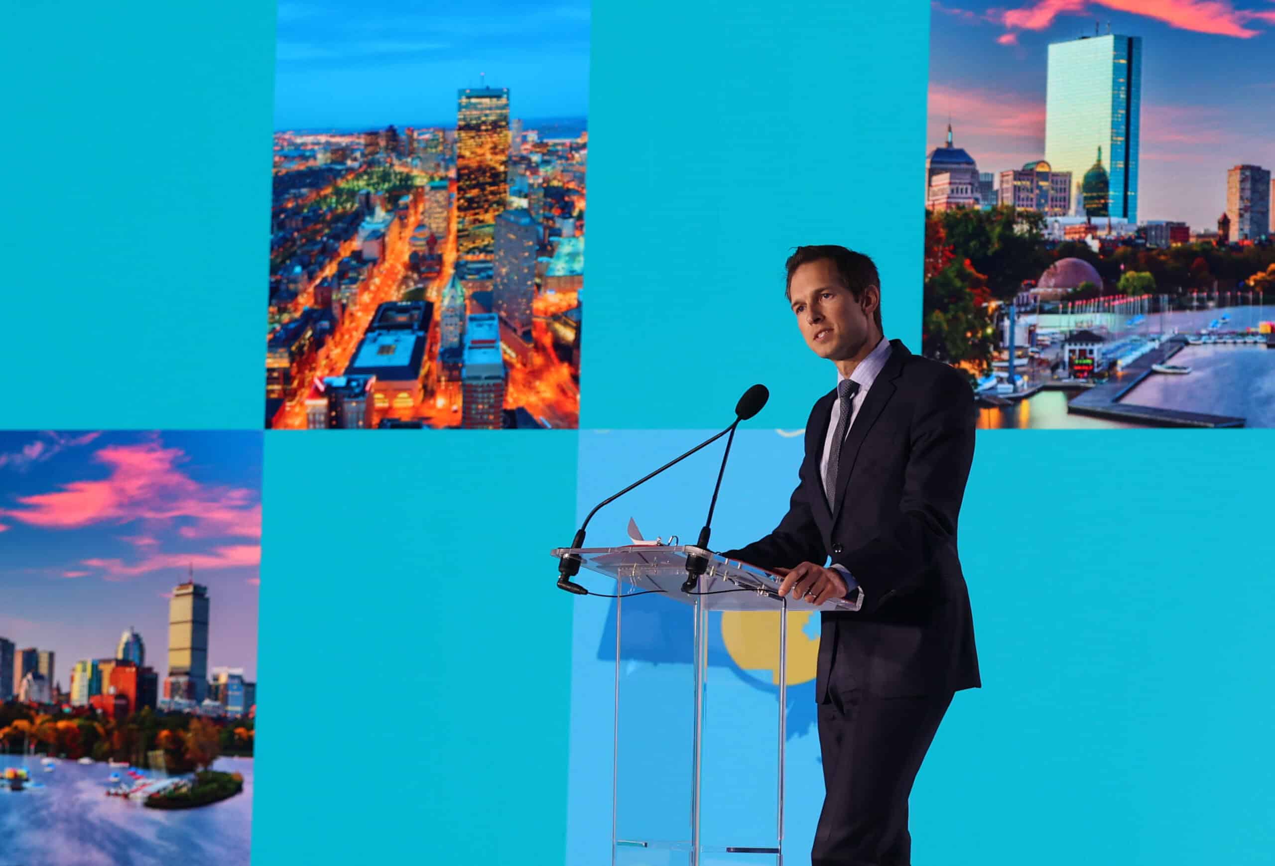 Congressman Jake Auchincloss addresses the 2024 MassBio State of Possible. (Photo by John Wilcox)